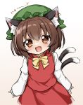  :3 :d animal_ears bangs bow bowtie brown_eyes cat_ears cat_tail chen commentary_request earrings fang green_headwear highres jewelry long_sleeves looking_at_viewer multiple_tails nekomata open_mouth red_skirt red_vest simple_background single_earring skirt smile suwa_yasai tail touhou two_tails upper_body vest white_background yellow_bow yellow_bowtie 