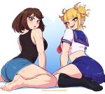  2girls :d :o absurdres arm_support ass bangs bare_arms black_shirt black_socks blonde_hair blue_skirt blunt_bangs blush boku_no_hero_academia brown_eyes brown_hair dashi fangs from_behind hair_bun highres kneehighs looking_at_viewer looking_back messy_hair midriff multiple_girls open_mouth sailor_collar school_uniform serafuku shirt short_hair short_sleeves sidelocks sitting skirt smile socks toga_himiko uraraka_ochako wariza white_shirt yellow_eyes 