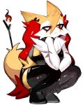  1girl black_skirt black_thighhighs boots braixen closed_mouth crop_top ear_piercing fire full_body furry furry_female highres piercing pokemon pokemon_(creature) red_eyes skirt solo squatting thigh_boots thighhighs usa37107692 