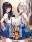  2girls absurdres alternate_costume apron ass bakery blue_hair blue_skirt blurry blurry_background bread breast_press breasts brown_eyes brown_hair closed_mouth cowboy_shot curvy food from_side gradient_hair grey_hair hair_over_one_eye hamakaze_(kancolle) highres kantai_collection large_breasts light_blush long_hair looking_at_viewer medium_hair miniskirt multicolored_hair multiple_girls shop skirt smile symmetrical_docking torisan uniform waitress 