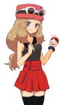  1girl black_shirt black_thighhighs blonde_hair cowboy_shot eyewear_on_headwear grey_eyes hat holding holding_poke_ball looking_at_viewer miuta poke_ball pokemon pokemon_(game) pokemon_xy red_headwear red_skirt serena_(pokemon) shirt skirt sleeveless sleeveless_shirt smile solo sunglasses thighhighs white_background 