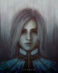  1boy absurdres artist_name astraw black_choker black_tie choker closed_mouth collar dark_souls_(series) dark_souls_i dark_sun_gwyndolin dress gold_trim grey_background highres long_hair looking_at_viewer patterned_clothing portrait solo white_dress white_hair 