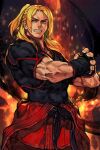  1boy belt biceps black_belt black_gloves black_shirt blonde_hair brown_eyes clothes_down covered_abs dougi fingerless_gloves fire gloves hungry_clicker ken_masters long_hair male_focus muscular muscular_male pants parted_lips ponytail red_pants shadow shirt short_sleeves sidelocks smile solo sparks street_fighter taut_clothes taut_shirt 