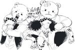  2boys arm_tattoo bandages bear bepo black_eyes black_hair blush chest_tattoo collared_shirt facial_hair frown fur_trim furry furry_male goatee greyscale hand_tattoo hat hat_over_one_eye kanji long_sleeves monochrome multiple_boys multiple_views one_piece open_clothes open_shirt pants polar_bear rectangular_mouth sanpaku shirt short_hair sitting sketch sleeves_rolled_up tattoo tears trafalgar_law uonomesabu upper_body white_background white_headwear white_shirt wide_shot 