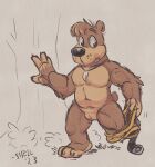  2023 3_toes 4_fingers andromorph anthro arm_support arm_tuft banjo-kazooie banjo_(banjo-kazooie) bear belt brown_body brown_fur brown_hair clothing colored_sketch countershade_torso countershading crossgender dated elbow_tuft eyebrows feet fingers fur genitals hair intersex jewelry mammal mta_crossgender mti_crossgender navel necklace one_leg_up pecs plant pussy raised_leg rareware scut_tail shark_tooth_necklace shellyochunks short_tail signature simple_background sketch sketch_background solo tail thick_eyebrows toes trans_(lore) trans_man_(lore) tree tuft undressing 