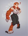  absurd_res anthro bodily_fluids bottomwear breasts card claws clothed clothing exclamation_point felid female fully_clothed fur growth hair hi_res human human_to_anthro krim_hue mammal mid_transformation muscle_growth orange_body orange_fur orange_hair pantherine pants shirt simple_background solo species_transformation striped_body striped_fur stripes sweat sweatdrop tiger topwear transformation 