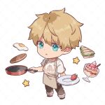  1boy :o apron artist_name bangs black_pants blonde_hair brown_apron chibi commentary_request egg_(food) food fried_egg fruit frying_pan full_body hair_between_eyes holding holding_frying_pan holding_plate looking_at_viewer male_focus open_mouth pancake pants parfait parted_lips plate sandwich shirt short_hair short_sleeves solo spy_x_family standing star_(symbol) strawberry strawberry_parfait twilight_(spy_x_family) wafer_stick watermark white_shirt zoe_(killyou80) 
