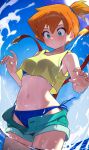  1girl bangs bare_shoulders blue_eyes blush breasts denim denim_shorts highres kashu_(hizake) medium_breasts misty_(pokemon) navel orange_hair pokemon pokemon_(anime) short_hair shorts side_ponytail solo thighs 