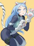  1girl :o absurdres animal_ears animal_hands blue_bodysuit blue_hair bodysuit boku_no_hero_academia bright_pupils cat_ears cat_tail fengling_(furin-jp) gloves green_bodysuit hadou_nejire hands_up highres long_hair multicolored_bodysuit multicolored_clothes open_mouth paw_gloves simple_background solo squatting superhero tail thigh_strap white_pupils yellow_background 