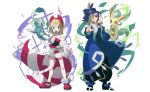  1boy 1girl adaman_(pokemon) anklet arms_at_sides bangs blonde_hair blue_coat blue_eyes blue_hair bracelet breasts cleavage clenched_hands closed_mouth coat collar collarbone donguri_big glaceon green_hair hairband hand_wraps irida_(pokemon) jewelry jumping leafeon multicolored_hair open_clothes open_coat open_mouth outstretched_arm pokemon pokemon_(game) pokemon_legends:_arceus sash shirt shoes short_hair shorts smile sparkle strapless strapless_shirt waist_cape 
