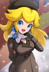  1girl absurdres black_coat black_gloves black_headwear blonde_hair blue_eyes coat earrings gloves gonzarez hat highres jewelry long_hair looking_at_viewer mario_(series) mario_kart mario_kart_tour official_alternate_costume open_mouth outdoors peach_(wintertime) princess_peach snow 