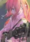  1girl blue_eyes bocchi_the_rock! electric_guitar gibson_les_paul gotou_hitori guitar holding holding_instrument hungry_clicker instrument jacket long_hair long_sleeves music pink_hair pink_jacket playing_instrument profile solo track_jacket upper_body 