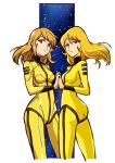  2girls ass black_eyes blonde_hair blue_eyes bodysuit breasts commentary_request dual_persona highres impossible_clothes long_hair matsumoto_leiji_(style) military military_uniform mori_yuki multiple_girls redesign retro_artstyle scan science_fiction sketch space starry_background taiga_hiroyuki traditional_media uchuu_senkan_yamato uchuu_senkan_yamato_2199 uniform 