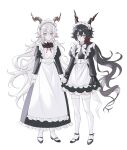  2boys alternate_costume apron arknights bangs black_dress black_footwear black_hair closed_mouth crossdressing dress ebenholz_(arknights) enmaided frilled_apron frilled_dress frills grey_hair hair_between_eyes highres holding_hands horns juliet_sleeves kreide_(arknights) light_smile long_hair long_sleeves looking_at_viewer maid maid_apron maid_headdress male_focus multiple_boys pantyhose puffy_sleeves purple_eyes rio_(rio773) shoes simple_background thighhighs very_long_hair white_apron white_background white_pantyhose white_thighhighs 