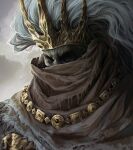  1boy brown_cloak cloak covered_face covered_mouth crown dark_souls_(series) dark_souls_iii gem gold gold_headwear hanghul hollow_eyes jewelry long_hair nameless_king pale_skin solo white_hair wrinkled_skin 