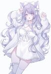  absurdres animal_ears bangs bow breasts choker cleavage dress eyebrows_hidden_by_hair hair_bow hands_up highres jacket large_breasts long_hair long_sleeves looking_at_viewer open_mouth original purple_eyes purple_hair purple_nails sleeves_past_wrists thighhighs ting_(tingiiio) upper_body white_bow white_choker white_dress white_jacket 