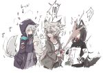  3girls ^^^ animal_ear_fluff animal_ears arknights arrow_(symbol) bangs bendy_straw black_hair black_jacket brown_eyes collarbone cropped_legs cup drinking_straw grey_eyes grey_hair grey_jacket hair_between_eyes hair_ornament hairclip holding holding_cup hood hood_up hooded_jacket in_the_face jacket lappland_(arknights) long_hair multiple_girls nejikyuu open_clothes open_jacket projekt_red_(arknights) simple_background sparkle tail tail_fondling tail_grab texas_(arknights) turn_pale very_long_hair white_background white_jacket 