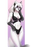  amur anthro bella_(belladawolfo) breasts canid canine canis cleavage clothed clothing ear_piercing ear_ring female fur hair hi_res lingerie mammal panties partially_clothed piercing purple_eyes ring_piercing smile solo standing underwear white_body white_fur white_hair wolf 