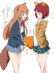  2girls animal_ears brown_hair character_request commentary_request green_skirt highres long_hair multiple_girls open_mouth plaid plaid_skirt raccoon_ears raccoon_girl raccoon_tail raphtalia red_eyes red_hair school_uniform short_hair simple_background skirt speech_bubble standing tail tail_grab tate_no_yuusha_no_nariagari thighs translation_request umanosuke white_background 