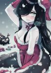  1girl animal aria_wintermint black_hair black_pantyhose box breasts breath candy candy_cane christmas cleavage crying crying_with_eyes_open dress food frown gift gift_box gloves green_hair hair_over_one_eye hat large_breasts long_hair looking_at_viewer mistletoe open_mouth pantyhose parororo santa_dress santa_hat scarf sitting snow solo tears the_crawling_city torn_clothes torn_pantyhose 