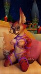  4k 9:16 absurd_res ame1996 anthro bdsm bedroom_eyes blizzard_entertainment bondage bound breasts canid canine ear_piercing eyewear female fox genitals glasses hi_res kheena mammal narrowed_eyes piercing pussy restraints rope rope_bondage rope_harness seductive solo spots vulpera warcraft 