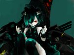  1girl adapted_turret black_dress black_hair black_scrunchie black_surge_night black_thighhighs black_veil colored_skin commentary_request dark_green_hair dress hair_ornament hair_over_one_eye highres luetzow_(black_surge_night) mechanical_tentacles parted_lips red_eyes rigging scrunchie sleeveless sleeveless_dress stitched_arm stitches thighhighs white_skin wvkg2778 