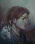 1boy animal_ears animal_on_shoulder armor artist_name artorias_the_abysswalker astraw brown_hair dark_souls_(series) great_grey_wolf_sif grey_wolf highres knight long_hair looking_to_the_side no_headwear pet shoulder_armor solo_focus wolf wolf_cub wolf_ears 