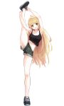  1girl :d ahoge armpits arms_up bangs bare_arms bare_legs black_footwear black_tank_top blonde_hair braid breasts commentary crown_braid full_body green_eyes green_shorts highres holding_own_foot indie_virtual_youtuber large_breasts leg_up long_hair looking_at_viewer midriff miyadi_(youtuber) navel open_mouth original rb2 shoelaces shoes short_shorts shorts simple_background smile solo split standing standing_on_one_leg standing_split tank_top very_long_hair virtual_youtuber white_background 