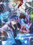  1boy ai_(yu-gi-oh!) alternate_costume blue_hair cowboy_hat dragon duel_disk firewall_dragon fujiki_yuusaku green_eyes hat hood hood_down jacket looking_at_viewer male_focus motion_lines open_clothes open_jacket pink_hair smile spiked_hair tsuezu yu-gi-oh! yu-gi-oh!_vrains 