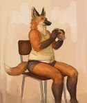  anthro black_nose briefs canid canine canis cettus chair clothed clothing eating eyes_closed food fur furniture hi_res leggy_(cettus) male mammal maned_wolf orange_body orange_fur sandwich_(food) shirt simple_background sitting slightly_chubby slightly_chubby_anthro slightly_chubby_male solo tank_top topwear underwear white_body white_fur wolf 