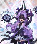  1girl arm_up bangs bare_shoulders black_dress blindfold breasts commentary cowboy_shot dress elbow_gloves flower gloves horns league_of_legends long_hair lower_teeth_only multicolored_background multicolored_clothes multicolored_dress open_mouth phantom_ix_row pink_hair purple_flower purple_gloves small_breasts solo symbol-only_commentary syndra teeth thighhighs tongue white_dress withered_rose_syndra 