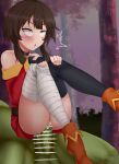  1boy 1girl bandaged_leg bandages bangs bar_censor black_choker black_gloves black_thighhighs blush boots brown_hair censored choker fingerless_gloves gloves hetero highres kono_subarashii_sekai_ni_shukufuku_wo! long_hair megumin open_mouth red_robe robe rolling_eyes sex sidelocks single_thighhigh tabletknight thighhighs 