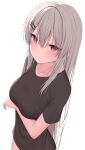  1girl black_shirt blush breasts closed_mouth collarbone grey_hair hair_between_eyes hair_ornament hairclip highres kamu_(geeenius) large_breasts long_hair original red_eyes shirt short_sleeves simple_background solo t-shirt white_background yami-chan_(kamu_(geeenius)) 