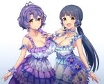  2girls :d antenna_hair asymmetrical_clothes bangs blue_dress blue_flower blue_hair breasts brown_eyes choker cleavage closed_mouth dress floral_print flower frilled_choker frilled_dress frills gradient_background hairband hand_on_own_chest huge_breasts idolmaster idolmaster_million_live! jewelry junkun148 kitakami_reika large_breasts long_hair looking_at_viewer low_twintails multiple_girls necklace open_mouth pink_hairband purple_dress purple_hair short_hair smile toyokawa_fuka twintails very_long_hair wavy_hair 