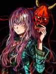  1girl black_background blue_shirt closed_mouth hata_no_kokoro highres holding holding_mask kuya_(hey36253625) long_sleeves looking_at_viewer mask noh_mask oni_mask pink_eyes pink_hair serious shirt sketch solo straight_hair touhou 