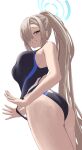  ass asuna_(blue_archive) bangs bare_arms bare_shoulders black_one-piece_swimsuit blue_archive blue_eyes breasts brown_hair from_behind hair_ornament halo highres large_breasts long_hair looking_at_viewer looking_back one-piece_swimsuit parted_lips silver_bullet_(ecc12_8) simple_background smile swimsuit teeth thighs white_background 