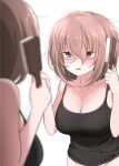  1girl black_camisole breasts brown_hair brushing_hair brushing_own_hair camisole cleavage collarbone hair_between_eyes hair_brush highres ikari_manatsu kamihira_mao large_breasts messy_hair mirror open_mouth original purple_eyes reflection shaded_face solo sweatdrop wavy_mouth 