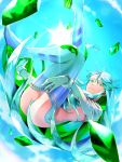  1girl absurdres aqua_hair colored_inner_hair crystal crystal_hair fate/grand_order fate_(series) green_eyes green_hair highres kukulkan_(fate) kukulkan_(second_ascension)_(fate) looking_at_viewer morita_yuu multicolored_hair sky solo sun 