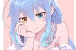  1girl asagi_shiki bangs bare_shoulders blue_eyes blue_hair bow breasts cleavage closed_mouth collarbone hair_between_eyes hand_on_own_cheek hand_on_own_face head_rest headphones headphones_around_neck heterochromia indie_virtual_youtuber light_blue_hair long_hair looking_at_viewer mole mole_under_eye off_shoulder pink_background pink_bow shirosaki_rio shirt simple_background smile solo upper_body virtual_youtuber white_shirt yellow_eyes 