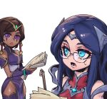  2girls bangs bare_shoulders bespectacled brown_hair dark-skinned_female dark_skin dress gem glasses irelia karma_(league_of_legends) league_of_legends long_hair lower_teeth_only multiple_girls open_mouth parted_hair phantom_ix_row purple_dress purple_eyes purple_hair purple_thighhighs shiny_skin short_hair simple_background teeth thighhighs white_background 