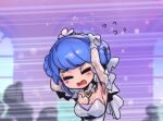  1girl :o armpits arms_on_head arms_up bangs bare_shoulders blue_hair blush breasts bride cleavage closed_eyes crystal_rose_sona double_bun flying_sweatdrops hair_bun heart indoors large_breasts league_of_legends motion_lines phantom_ix_row short_hair solo sona_(league_of_legends) window 