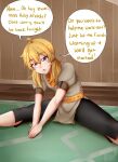  blonde_hair bottomwear clothing dialogue female hair hi_res human human_only inside long_hair looking_at_viewer mammal not_furry open_mouth pants purple_eyes rooster_teeth rwby shirt sitting solo speech_bubble spread_legs spreading stretching tabletknight topwear yang_xiao_long 