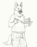  2020 anthro belly bottomwear cake canid canine cettus clothed clothing cutlery dessert eating food fork fox holding_food holding_object kitchen_utensils licking licking_lips looking_down male mammal open_mouth pants plate shirt sketch slightly_chubby slightly_chubby_anthro slightly_chubby_male solo tank_top tongue tongue_out tools topwear 