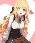 1girl arm_at_side bangs black_pantyhose black_ribbon black_skirt blonde_hair blush box box_of_chocolates breasts buttons candy chocolate commentary double-breasted food food_in_mouth frills green_eyes green_ribbon hair_ribbon heart heart-shaped_chocolate high-waist_skirt highres indie_virtual_youtuber large_breasts long_hair long_sleeves looking_at_viewer miyadi_(youtuber) neck_ribbon pantyhose rb2 ribbon shirt skirt solo suspender_skirt suspenders virtual_youtuber white_shirt 