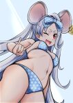  1girl absurdres alternate_costume animal_ears bikini blue_archive blue_bikini bow breasts ear_tag grey_hair hair_bow happy highres long_hair looking_at_viewer medai_a mouse_ears open_mouth red_eyes saya_(blue_archive) small_breasts swimsuit very_long_hair white_hair 