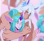  1boy 1girl animal_ears bangs blurry blurry_background closed_eyes closed_mouth colored_skin completely_nude green_hair hair_rings heart hetero highres horns hug hug_from_behind league_of_legends long_hair nail_polish nude odeko_yma parted_hair pink_nails pink_skin pointy_ears red_eyes sett_(league_of_legends) single_horn soraka_(league_of_legends) spirit_blossom_sett spirit_blossom_soraka 