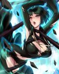  1girl arms_up black_dress black_hair breasts cian_yo cleavage dress fubuki_(one-punch_man) green_eyes heart heart-shaped_pupils highres large_breasts navel one-punch_man open_mouth saliva short_hair solo symbol-shaped_pupils tears torn_clothes torn_dress 