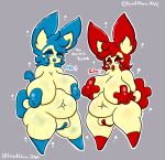  anthro belly big_belly blue_eyes blue_hair blue_nipples duo female female/female generation_3_pokemon genitals hair hi_res lewdchuu_(artist) minun navel nintendo nipples plusle pokemon pokemon_(species) pussy red_eyes red_hair red_nipples simple_background thick_thighs yellow_body 