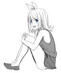  1girl :d bare_arms bare_legs bare_shoulders blue_eyes copyright_request from_side h2o_(ddks2923) hairband highres hugging_own_legs medium_hair miniskirt shoes simple_background sitting sketch skirt smile solo spot_color 