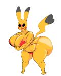  anthro big_breasts big_butt bikini bikini_thong bikini_top blush breasts butt clothing female gatofashado generation_1_pokemon hi_res huge_breasts huge_butt nintendo pikachu pokemon pokemon_(species) red_bikini red_clothing red_swimwear simple_background solo swimwear white_background yellow_body 